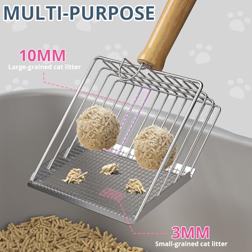 Cat Litter Scoo Easy Use Metal Litter Scoop with Comfortable Beech Wood Grip - One Easy to Clean Stand is Included