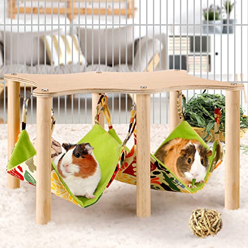Guinea Pigs Hammock with Natural Wooden Stand- Large Hanging Hammock Bed for Piggies Chinchilla Hamster Bunny Ferrets Hiding Sleeping - size: 15.7in L * 11.8in W * 9.5in H