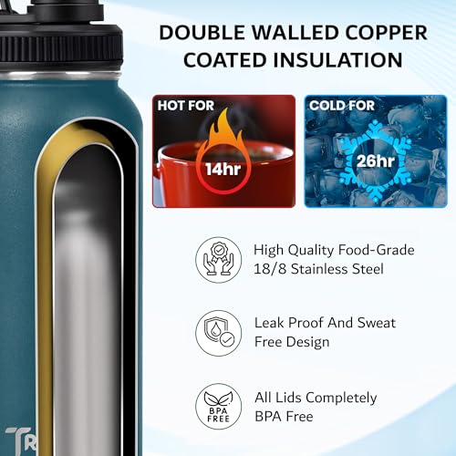 Travel Water Bottle with 3 Lids (Spout, Straw, Flip) Leak Proof, Quality, Vacuum Insulated, Stainless Steel (Hydrangea, 18 oz) - color: Hydrangea, size: 18 Ounces