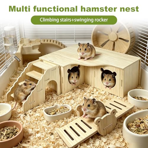 3-Piece Wooden Hamster Platform Set House & Ladder & Seesaw | Hamster Hideout Multi-Chamber Hamster House Maze Tunnel Rat Cage Platform Stand Boards Habitats Decor Accessories for Mice B - color: M