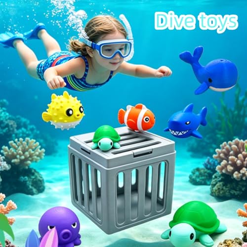 Pool Diving Toys, Underwater Swim Game Set with 6 Floating Sea Animals & 6 Dive Cages, Colorful Animal Pool Sinkies Swimming Training Game, Summer Water Toys Set Fun Outdoor Swim Lake Beach