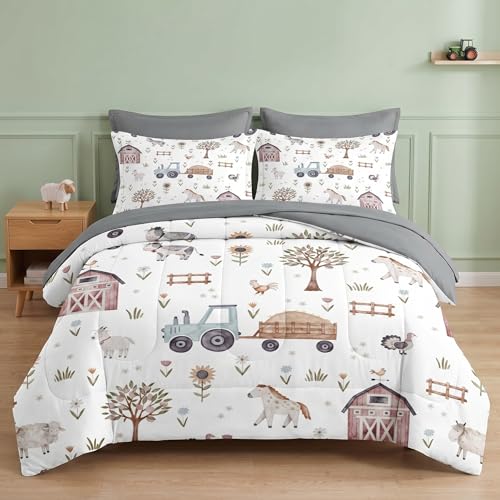 WeCozy Full Comforter Set with Sheets, 7 Pieces Farm House Bedding | Bed in A Bag for All Season, Tractor Village Tree Horse, 2 Pillowcases & 2 Shams for Kids and Adults - color: Farm Tractor, size: Full
