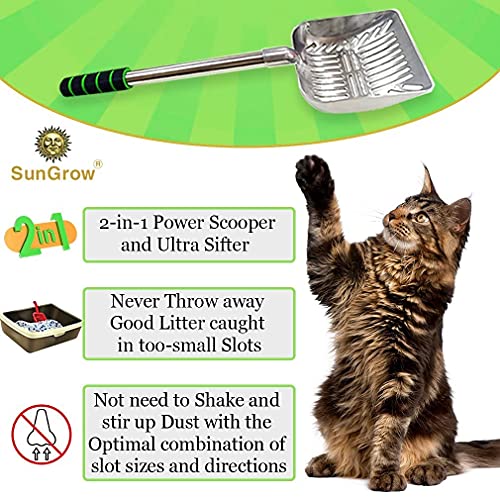 SunGrow Cat Litter Scoop, Stainless Steel Long Handle Chicken Coop Poop Scooper, Comfortable 9” Handle, 5” Wide Mouth, Narrow Slits and High Sides Metal Sifter, for Litter Boxes or Gardening