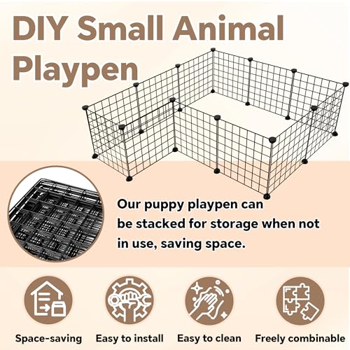 16 Panels DIY Small Animal Playpen, Pet Playpen, Dog Puppy Playpen, Guinea Pig Cages, Rabbit Cage, Indoor Outdoor Metal Wire Yard Fence, 12 X 12 Inch, Black