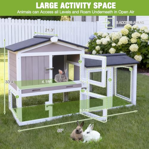GUTINNEEN Chicken Coop Hen House with Run Outdoor Rabbit Cage Indoor Bunny Hutch with Waterproof Roof Poultry Cage,Rabbit Hutch with No Leakage Pull Out Tray,Brown - color: Brown