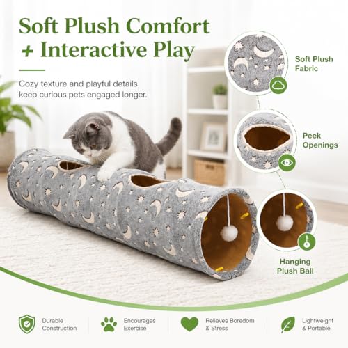 Cat Tunnel Tube with Plush Ball Toys Collapsible Self-Luminous Photoluminescence, for Small Animals Pets Bunny Rabbits, Kittens, Ferrets,Puppy and Dogs Grey Moon Star - size: 47.2Inch