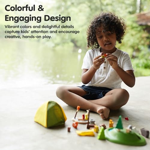 PlanToys Pretend Play Camping Set (6624) | Sustainably Made from Rubberwood and Non-Toxic Paints and Dyes | wooden camping play set, montessori imaginative role play, social skill development, open-ended adventure toys, kids toy - color: Toy
