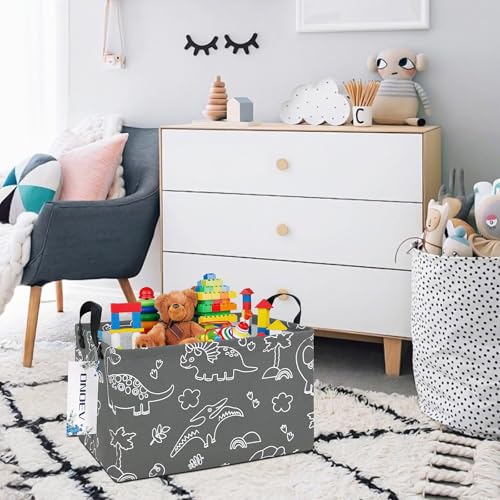 Rectangular Fabric Storage Bin, Foldable Line Dinosaur print Basket | Damp-proof canvas with reinforced stitched handles.Great for clothes,books and sundries in closets,playrooms,laundry rooms. - color: REC Gray Line Dinosaur