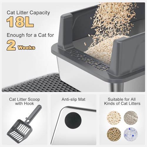 FURTIME Stainless Steel Cat Litter Box, Small Cats Metal Litter Box | High-Sided Open-Top Easy-Clean Litter Pan, Non-Stick, Anti-Leakage, Odor-Free, Comes with Scoop & Mat, 17"×13"×8.4" - color: Grey, size: Small