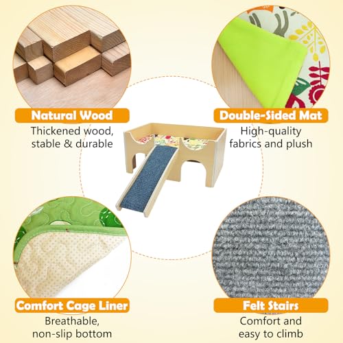 Fhiny Guinea Pig Hideout, Wooden Guinea Pig Castle with Ramp Bridge and Soft Mat Large Small Animal House Piggies Hideaway Hamster Habitat Decor for Chinchilla Hedgehog Squirrel Hamster Gerbil Rat