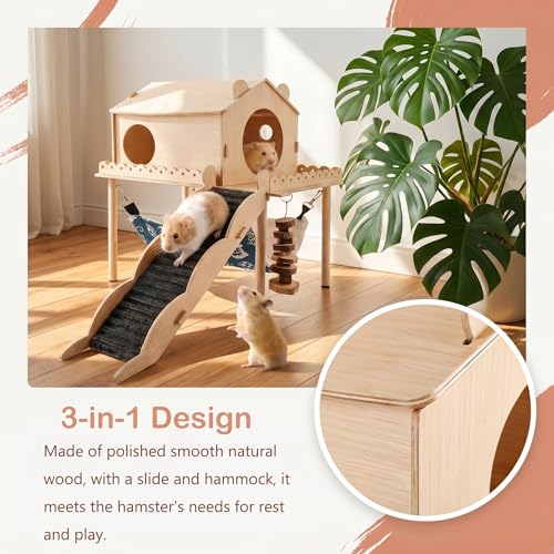 Guinea Pig Hideout Wooden Hamster Castle with Stair Hammock House | Detachable Double-Decker Guinea Pigs House for Hamsters Rabbit Chinchilla Small Animal Hiding Sleeping Activities