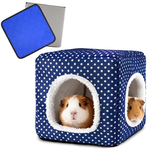 Guinea Pig Hideout with 2 Removable Mat, Two Entrances, Dwarf Rabbit Bed, Washable Bunny House, Small Pet Accessories Blue Dot - color: Blue