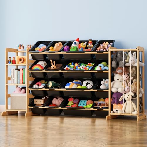 Toy Storage Organizer with Bookshelf and Stuffed Animal Storage - Kids Playroom Organization with Shelves and 16 Toy Bins - Toddler Living Room Toy Box for Lego - Nursery Bedroom Decor Essential - color: Black, size: 67"W,3 Shelves,16 Bins