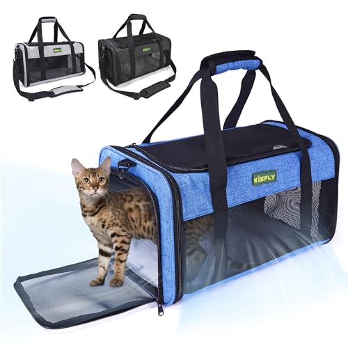 Foldable Cat Carrier 17"x11"x9.5", Soft-Sided Airline Travel Bag | Portable soft carrier with scratch-resistant mesh, top opening and foldable design. Fits cats up to 12 lbs for travel. - color: Blue, size: 17x11x9.5 In