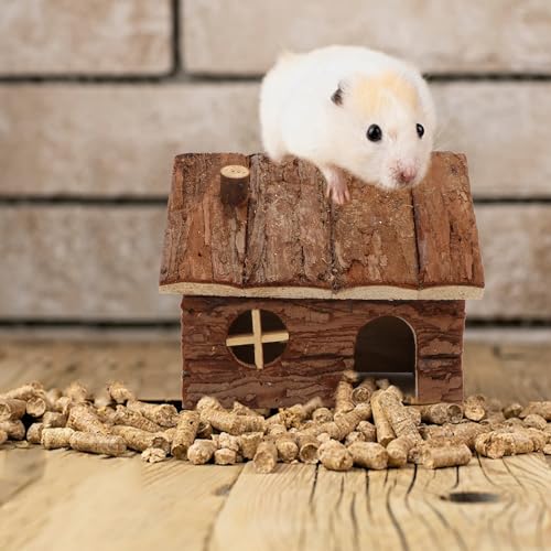 Hypeety Natural Wooden Hamster House Cage Small Animals House with Chimney | Natural solid wood, chew-proof and ventilated play house, for hamsters/gerbils/mice, no assembly required, 5.1x4.3x3.5'', S - size: S