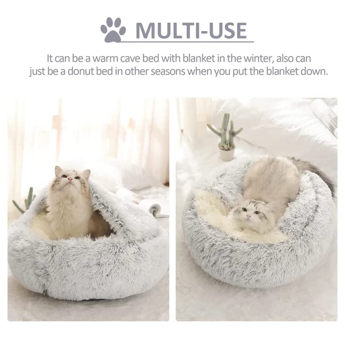 Cat Bed Round Fluffy Hooded Cat Bed Cave, Anti-Anxiety Cave Bed with Hooded Blanket, Cozy Cuddler Luxury Puppy Pet Bed, Anti-Slip Bottom and Machine Washable (Grey, Large) - color: Grey, size: Large