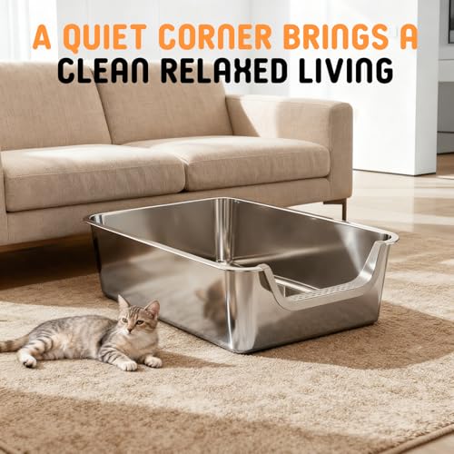 Stainless Steel Litter Box with High Sides,23.6" L X 15.7" W X 7.8" H,Extra Large Jumbo Cat Litter Box,XL Kitty Metal Liter Box for Indoor Big Cat,Non-sticky,Anti-Leakage(Entry on Short Side) - size: Entry on Short Side