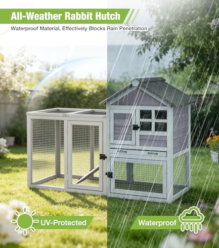 GUTINNEEN 51.6 in Rabbit Hutch, 2-Level Wooden Bunny Cage with Ramp, 3 Lockable Doors & Removable Tray, Weather-Resistant Indoor Outdoor Rabbit Cage, Grey - color: Grey