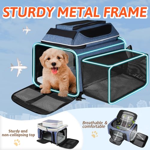 Top and Side Expandable Small Pet Carrier Airline Approved, Blue | 18"Lx11"Wx11"H, for Delta/United/American Airlines, Pets Under 10 Lbs, Lockable Zippers,Soft-Sided, Anti-Scratch Mesh - color: Blue, size: 18.0"L x 11.0"W x 11.0"H