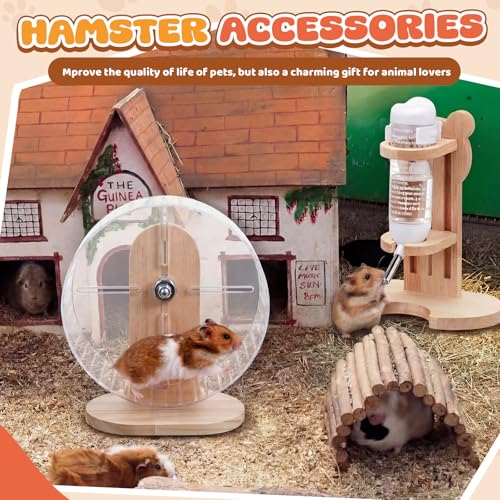 Silent Transparent Hamster Wheel with Cork Lining, 9.5 Inch Quiet Exercise Wheel for Dwarf Syrian Hamsters, Gerbils, Stable Small Animal Spinner Cage Accessories with Water Bottle Stand(M) - size: M, 9.5 Inch, style: Transparent