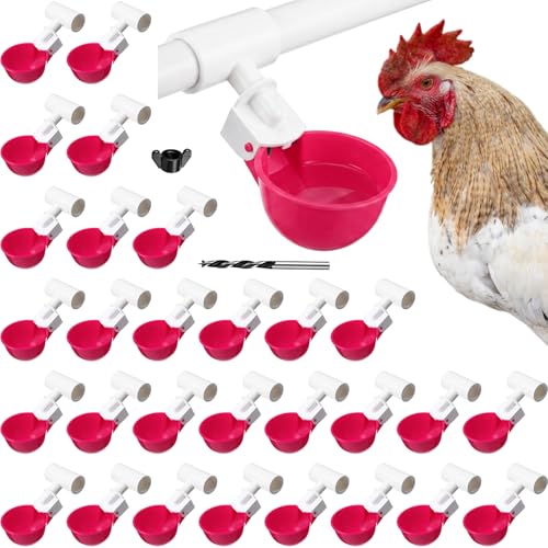 LemonRoad 30 Set Automatic Chicken Waterer Cups with 1/2" PVC Tee Fitting Chicken Drinking Bowl, Poultry Drinker Mounting Hole Opener,Water Dispenser Feeder for Duck, Goose, Pigeon(Rose Red) - color: Rose Red