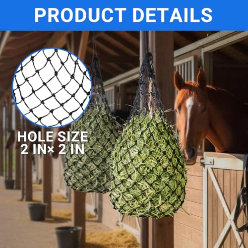 2-Pack Heavy Duty Hay Bags, Slow Feeder for Horses & Goats with 2-Inch Holes, Adjustable Drawstring Hay Net to Reduce Waste & Improve Digestion for Stall, Trailer, Pasture