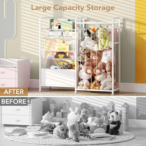 BBLIKE Kids Bookshelf and Stuffed Animal Storage - Multi-Function Nursery Book Shelves with Leather Toy Box and PVC Book Display, Toy Organizer for Playroom, Bedroom, Nursery, White - color: White