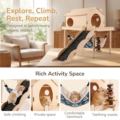 Guinea Pig Hideout Wooden Hamster Castle with Stair Hammock House | Detachable Double-Decker Guinea Pigs House for Hamsters Rabbit Chinchilla Small Animal Hiding Sleeping Activities