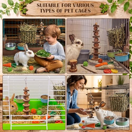 Rabbit Hay Feeder Set with 2 Bowls and Chew Toys, Heavy Duty Metal Hay Holder for Rabbits, Guinea Pigs and Chinchillas, Hanging Cage Feeding Accessories