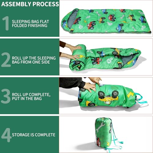Kids Sleeping Bags - Camping Sleeping Bags with Carry Bag - Compact Sleeping Bag for Hiking, Backpacking 3 Season Warm & Cool Weather, Lightweight Waterproof Outdoor Travel for Boys Girls - color: Green Truck