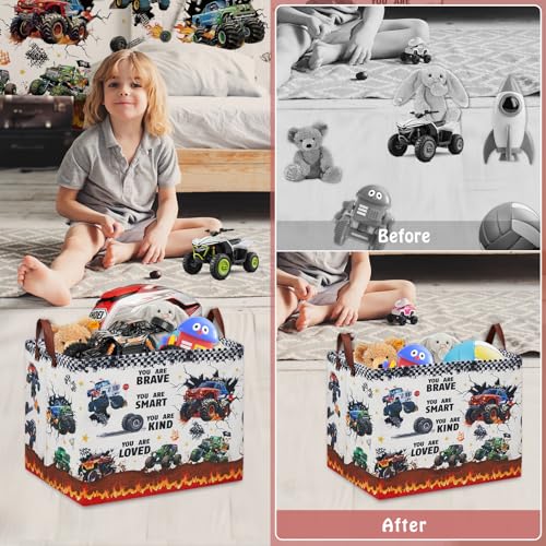 Monster Truck Storage Laundry Basket, Kid Room Decor for Boys,Rectangular Gift Bag Toy Box Shelf Basket ,Collapsible Clothes Book Organizer Bin,Mothers Day Gifts Basket - color: Black 2