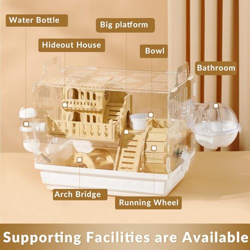 Cycodo 8 in 1 Acrylic Hamster Cage,2-Tier Dwarf Hamster Cage with Wooden Wheel & Hideout,Small Hamster Habitat with Accessories,Clear Pet Mice House(White,14" L*10" W*11" H) - color: White