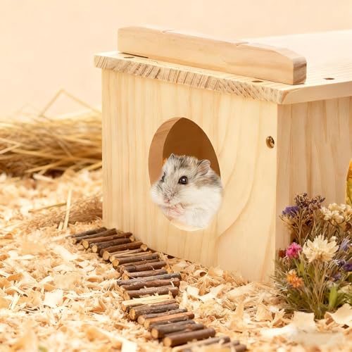 Hacaroa Wooden Hamster Hideout with Ladder, Large Hamster Platform Guinea Pig Hide Play House, Small Animals Climbing Toy Chinchillas Cage Accessories for Syrian Hamsters, Rats, Gerbils