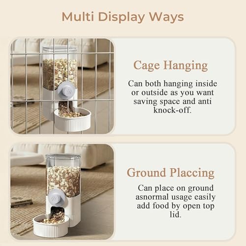 41 oz Hanging Gravity Feeder for Small Animals, Rabbits & Guinea Pigs | Adjustable Cage Height | No-Open-Cage Refill | Space-Saving | Clear Reservoir | Versatile Food Compatibility - color: White
