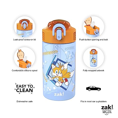 Zak Designs Sonic Kids' 2-Pack Leak-Proof Water Bottles With Straw, Handle and Pop-Up Spout Cover - color: Sonic, Tails