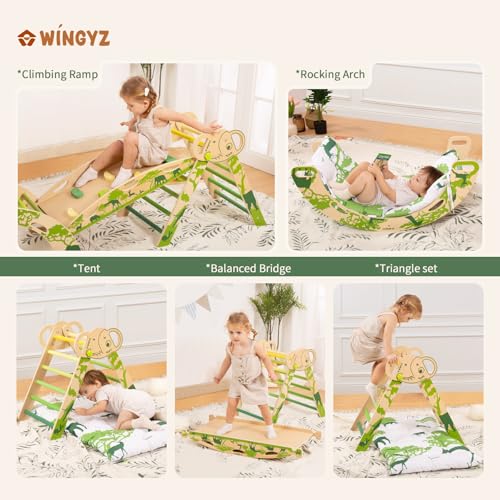 Pikler Triangle Set, Montessori 8-in-1 Climbing Set with Cushion | Wood Jungle Gym for 18M-5Y, Foldable, Reversible Animal Slide, Patent-Protected, 2.35in Gap, ASTM F963, Green - color: Green
