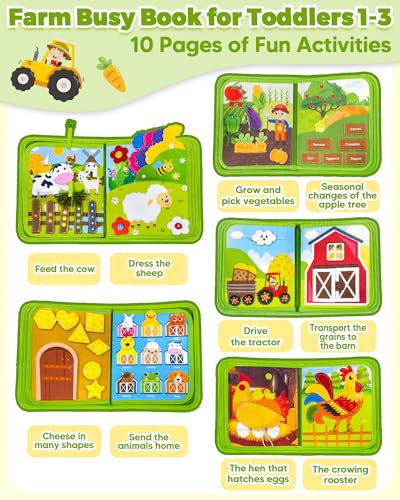 Busy Book for Toddlers 1-3, Montessori Toys for 1 Year Old Boy Girl Gifts | Busy Board, Birthday Gifts, Toddler Airplane Car Travel Toy, Learning Educational Toys, Farm Animals, Quiet Activity Books