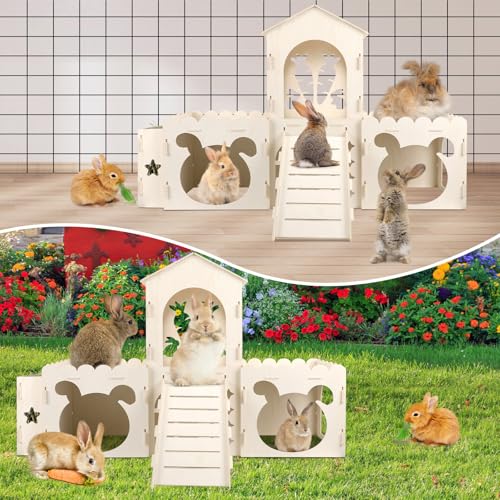 Extra Large Rabbit Castle, Wooden Bunny House & Hay Feeder, Detachable Rabbit Hideaway, Indoor Rabbit Castle with Ramp, Small Animal Houses & Habitats with Sisal Mat - size: 4 House with 2 Mat
