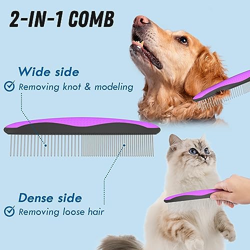 Docrok Pet Grooming Brush and Metal Comb Combo - Undercoat Rake for Dematting and Deshedding Long Matted Haired Dogs and Cats, Purple | Dematting Deshedding Undercoat Rake, Cat Brush Dog Brush Shedding Tool for Long Matted Haired Pets - color: Purple