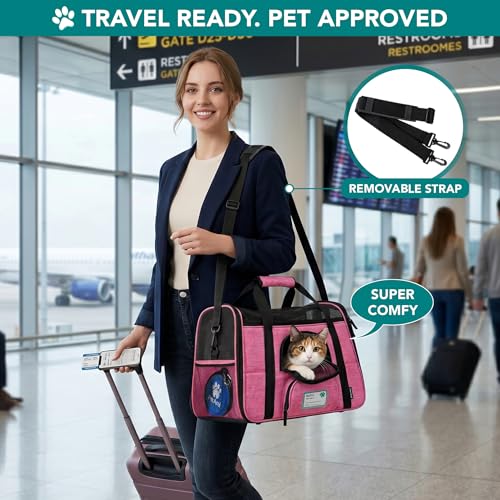 PetAmi Airline Approved Pet Carrier for Cats Small Dogs, Large Heather Pink | Soft Sided TSA Travel Bag, Sherpa Bed, Breathable Mesh Ventilation, Collapsible Bowl, Fits Under Seat, Up to 18 lbs - color: Heather Pink, size: Large - 19.5"L x 10.2"W x 12"H