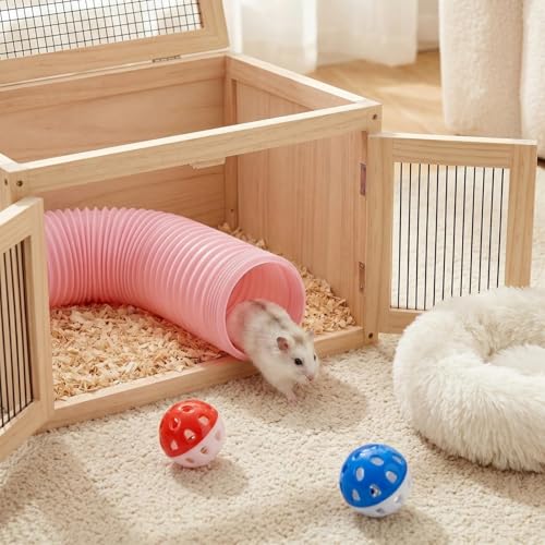 Hamster Collapsible Tunnel Tube Toys with 4 Bell Balls, Expandable Small Animal Hideout Exercise Toy 7.8inch Unextended 32.7inch Extended for Guinea Pig Gerbil Rat Ferret (Pink) - color: Pink
