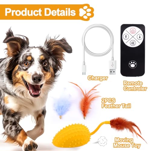 Silicone Interactive Dog Toys, Mouse Moving Dog Toy with Automatic Sensor | Dog Mouse Toy with Sound & Feather Tail, Automatic Dog Toy for Cats Dogs Pet, Squeaky Dog Toys Remote Control Yellow - color: Lemon Yellow