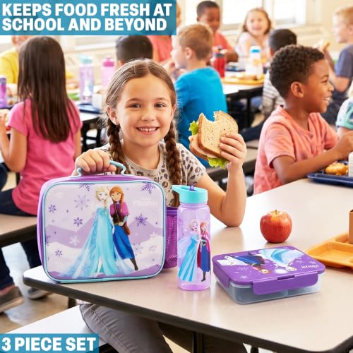 Get Trend Disney Frozen Girls Lunch Bag, Bento Box & Water Bottle 3 Pc Set | Insulated Lunch Bag, 3 Compartment Lightweight Snack Box, 22 fl oz BPA-Free Water Bottle with Straw, School, Gifts for Girls - color: Turquoise/Purple Frozen