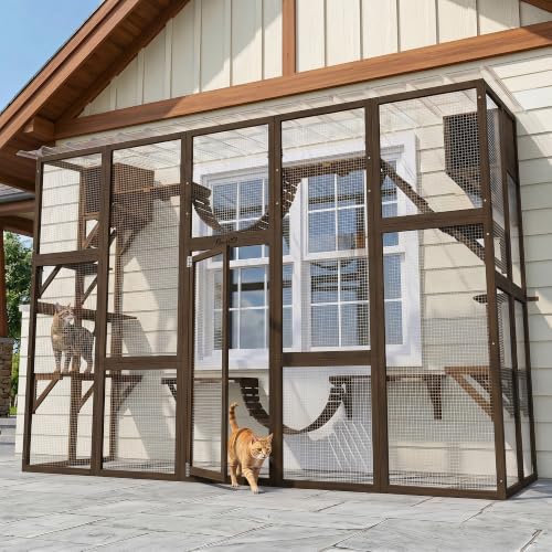 PawHut Catio Outdoor Cat Enclosure Window, 118" x 37.5" x 74", Coffee Brown | Outdoor Cat House, Weather Protection Roof, for 1-4 Kitties, Wooden Frame, Shelves & Bridges - color: Coffee Brown