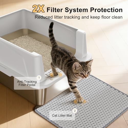 FURTIME Stainless Steel Cat Litter Box, Small Cats Metal Litter Box | High-Sided Open-Top Easy-Clean Litter Pan, Non-Stick, Anti-Leakage, Odor-Free, Comes with Scoop & Mat, 17"×13"×8.4" - color: Silver, size: Small