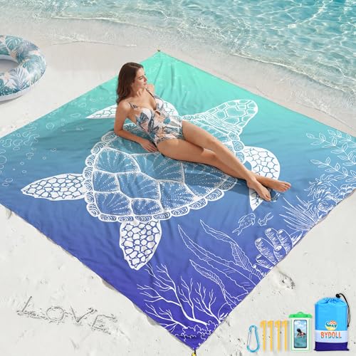 BYDOLL Beach Blanket Waterproof Sandproof,78''X81''/78''X110'' Large Sand Free Oversized Lightweight Sand Resistant Blanket, Picnic Mat for Beach Travel Camping Hiking Essentials - color: Sea Turtle, size: 78''X81"