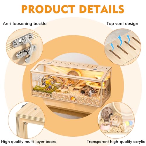 XiaZ Hamster Cage,48Inch Large Hamster Tank with Panoramic View and Ventilated Top, Spacious Acrylic Glass Habitat for Syrian Dwarf Hamsters and Degus, Natural Wood Frame Enclosure - size: 48.0"L x 20.0"W x 20.0"H