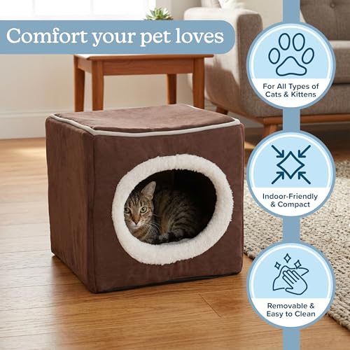 Cat House - Indoor Bed with Removable Foam Cushion - Cat Cave for Puppies, Rabbits, Guinea Pigs, and Other Small Animals by PETMAKER (Dark Brown) 13x13.5x12" - color: Dark Brown