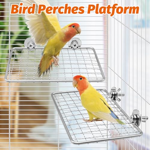 BNOSDM Bird Perch Platform 2 Pcs Stainless Steel Grid Parrot Perches Stand Shelf Parrots Platform Perch Small Birds Cage Accessories for Parakeets, Budgies, Conures, Cockatiels, Lovebirds (S)