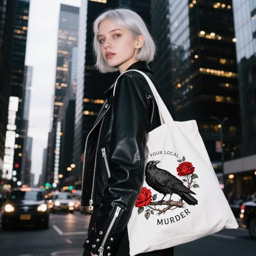 ANATTASOUL Canvas Tote Bag Reusable Cotton Bag for Women, Large 14.96"x 15.74" Cloth Shoulder Bags with Zipper Pockets - style: Crows and Flowers